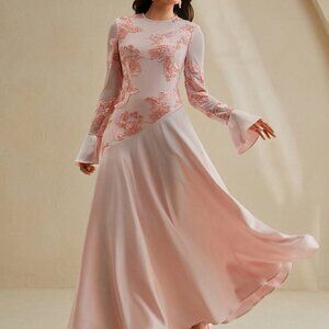 Pink Elegant Women's Floral Pattern Round Neck Fitted A-Line Mai Dress